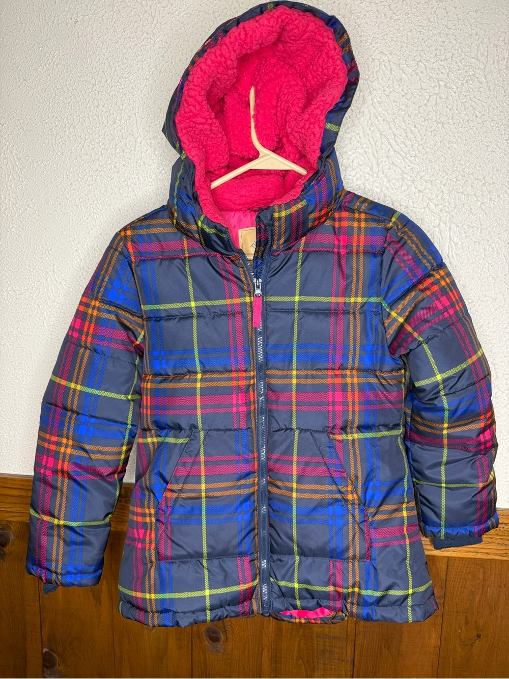Girls' Plaid Puffer Jacket with Pink Sherpa Hood